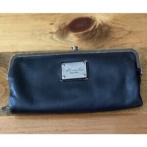 Kenneth Cole NY Black Leather Double Kiss Lock Magnetic Frame Bifold Wallet